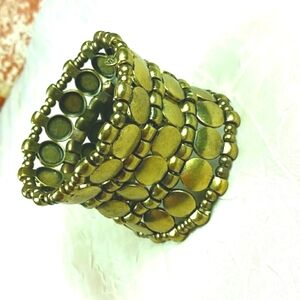 Mobwife Polished Brass Wide Stretch Bracelet 2" Statement Chunky Retro Boho Cuff